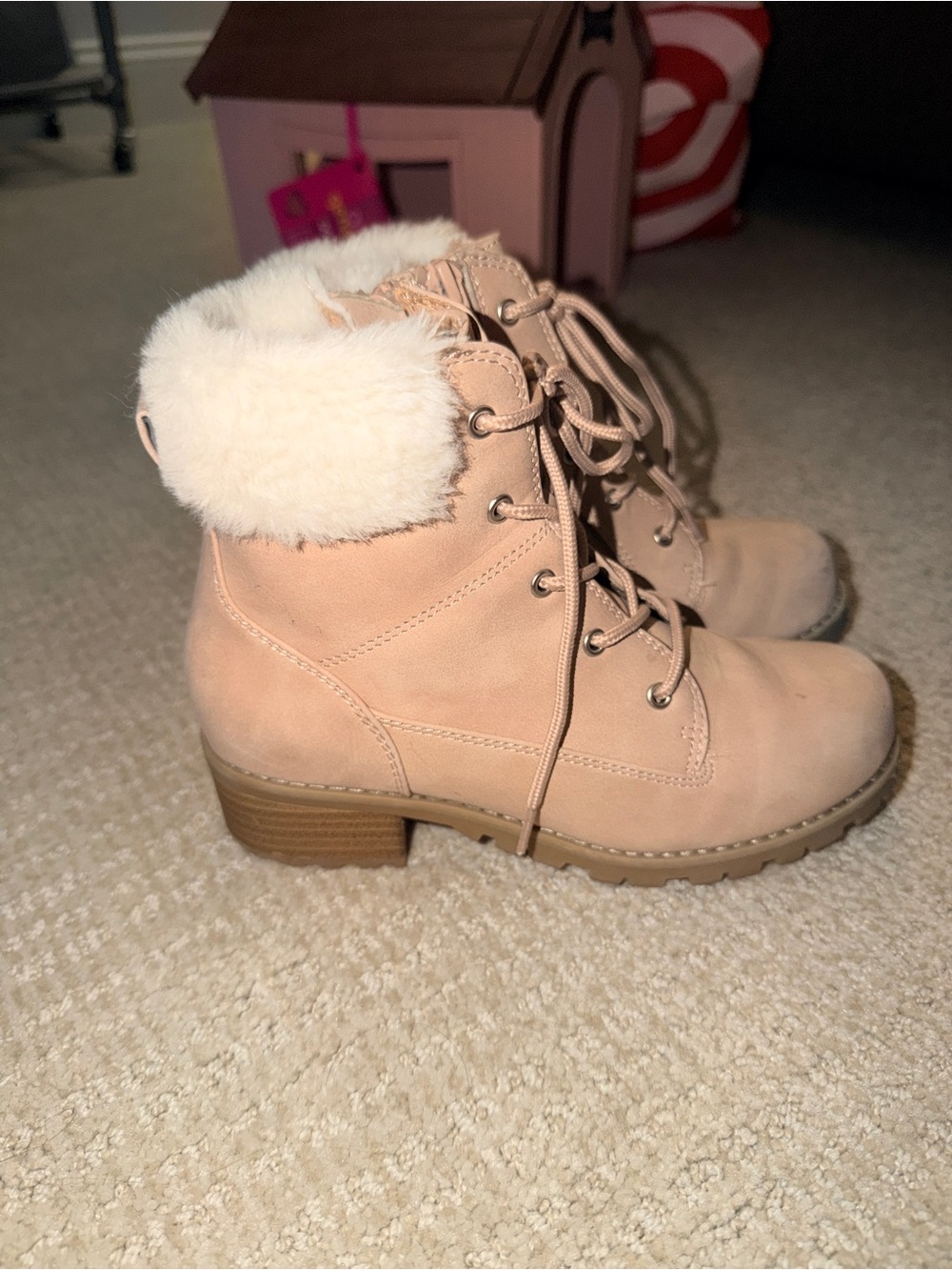 Girls Faux Fur Lace-Up Ankle Boots in Blush Pink - Size 1